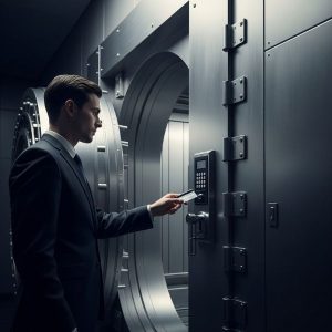 Discreetly Dressed Individual Using A Key Card To Access A Secure Private Vault