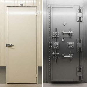 Side-By-Side Comparison Shot Showing A Standard Self-Storage Unit Door Next To A Heavy-Duty Vault Door