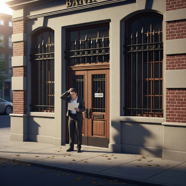 Closed bank branch with locked vault door, frustrated customer standing outside with papers in hand