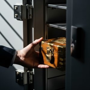A person’s hand placing a small locked box inside a private vault