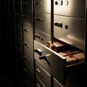 Close-up of a row of polished safety deposit boxes, one drawer slightly open