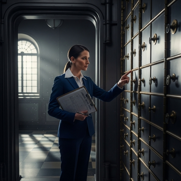 Federal regulator inspecting sealed safe deposit boxes inside a bank