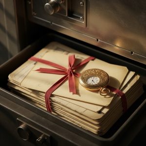 A stack of old family letters tied with ribbon and a vintage pocket watch placed neatly inside a safe deposit box