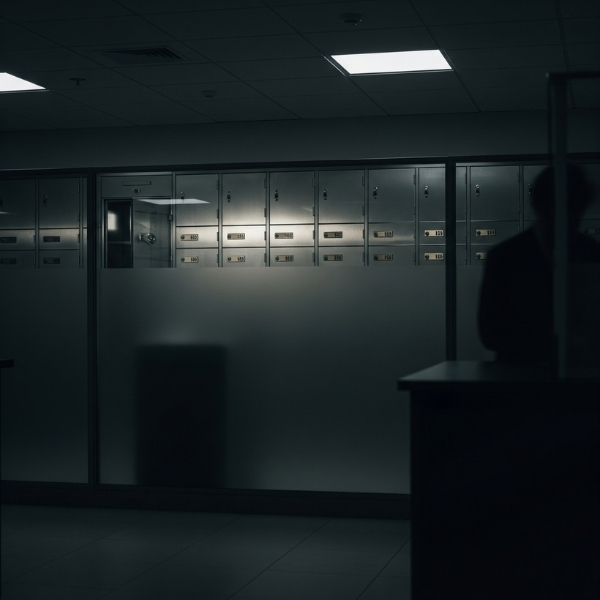 Dimly lit bank interior with rows of safe deposit boxes behind a frosted glass window