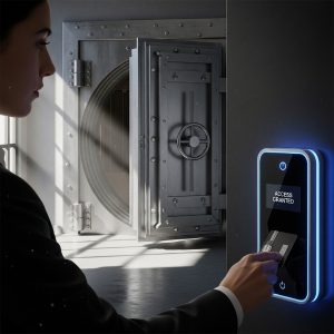 A person entering a secure facility using a keycard scanner